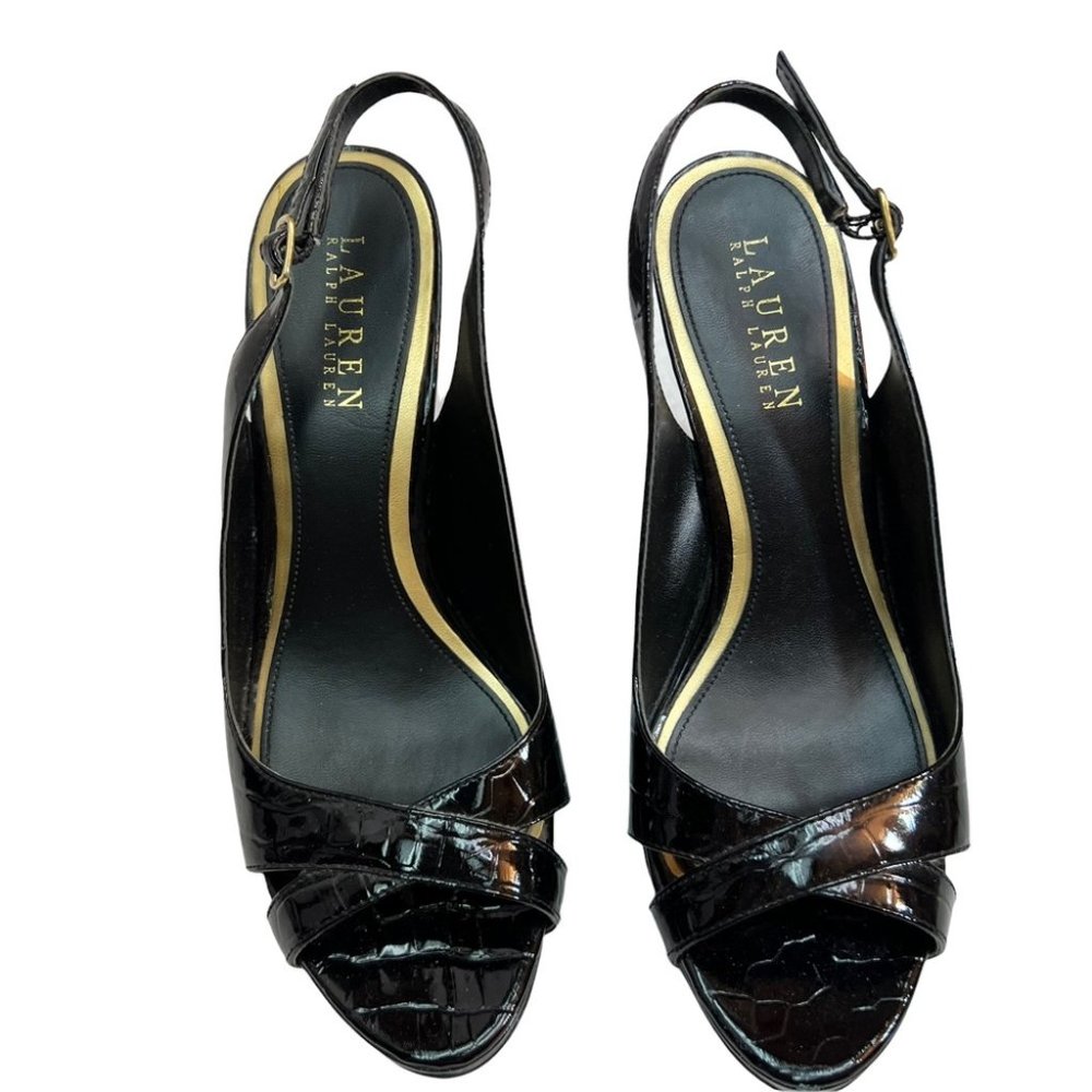 Ralph Lauren Black Patent Open Toe Pumps Size 7.5